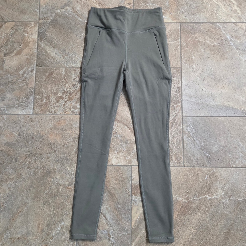 Bebe‎ Sport Womens High Waisted Leggings Olive Green Zipper Pockets Size Small